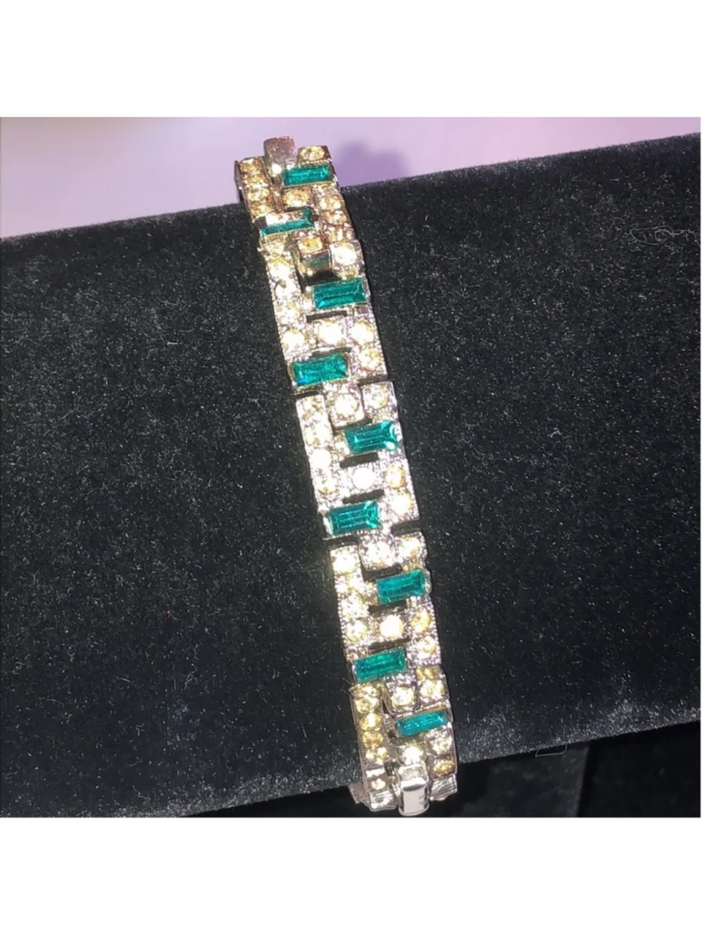 Vintage Silver Tone Green Rhinestone Boho Bracelet - Picture 1 of 8